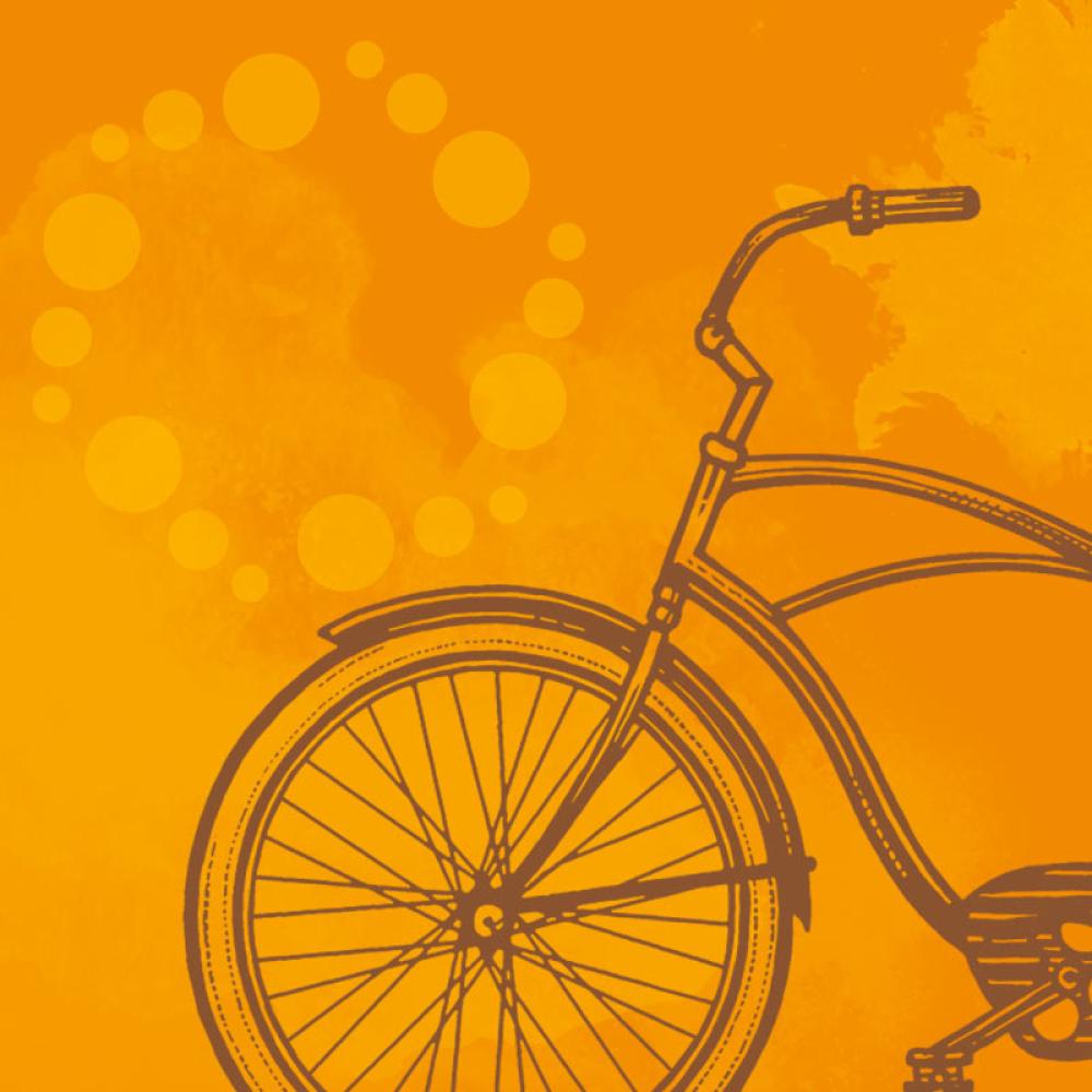 An orange graphic featuring a paint splotch and an illustration of a bicycle.