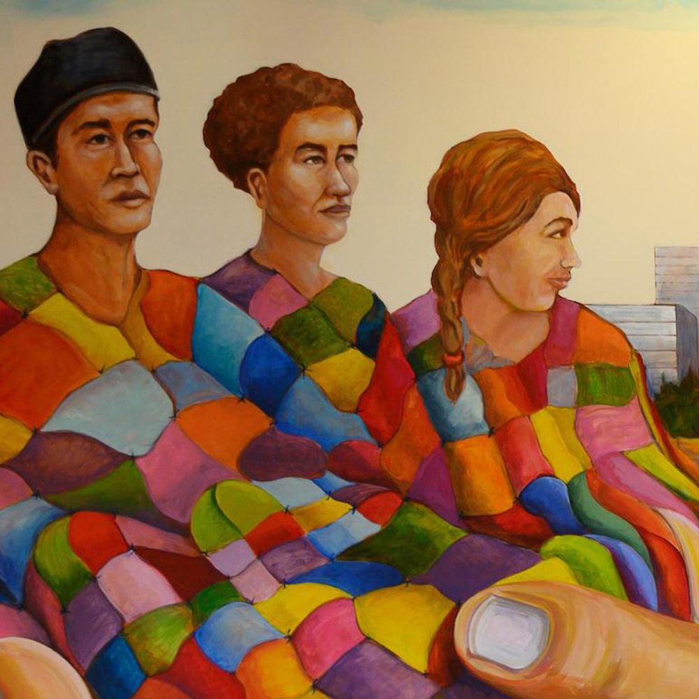 a close up of a painting of three figures with a quilt around them