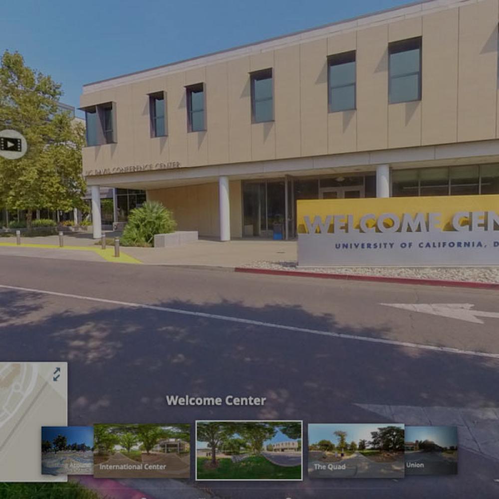 A screenshot of the virtual tour app showing the UC Davis welcome center
