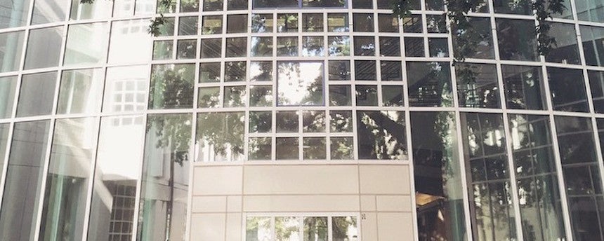 Glass exterior wall of the Library courtyard