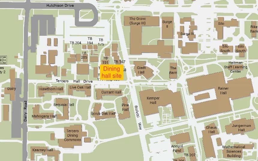 A map showing the site of the new dining hall west of Giedt Hall