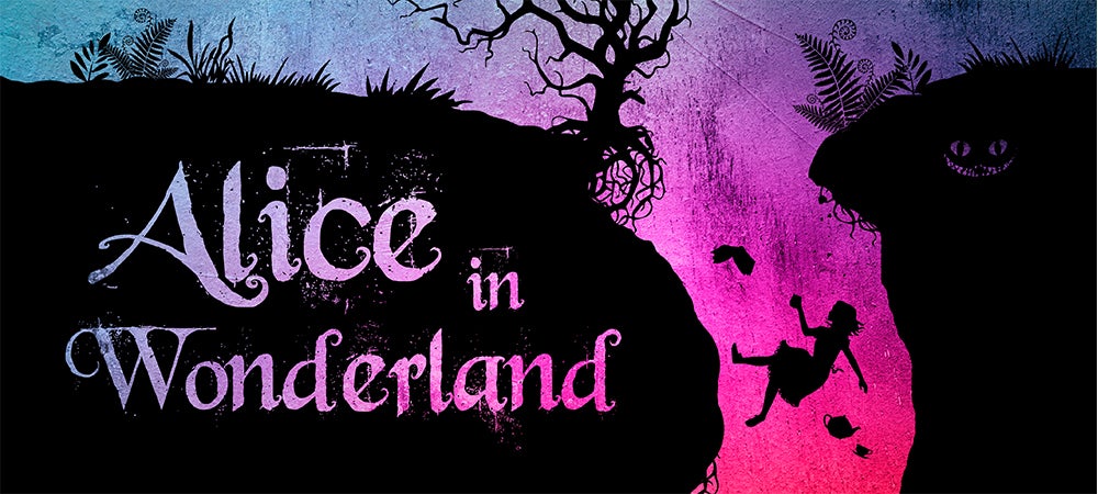 A graphic showing a silhouette of Alice falling down a rabbit hole.