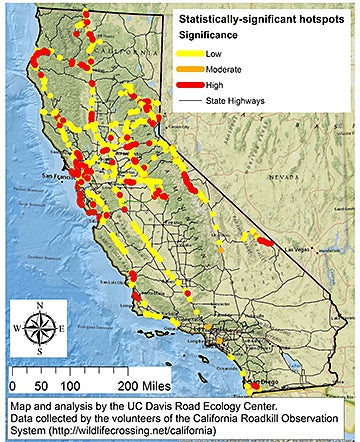 California map shows location of roadkill finds throughout the state