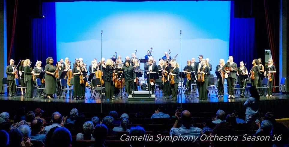 The Camellia Symphony Orchestra on stage.