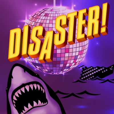 A promotional graphic showing a shark, a sinking ship and a disco ball.