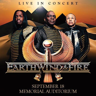 A promotional graphic featuring the members of Earth, Wind and Fire standing before Egyptian pyramids.