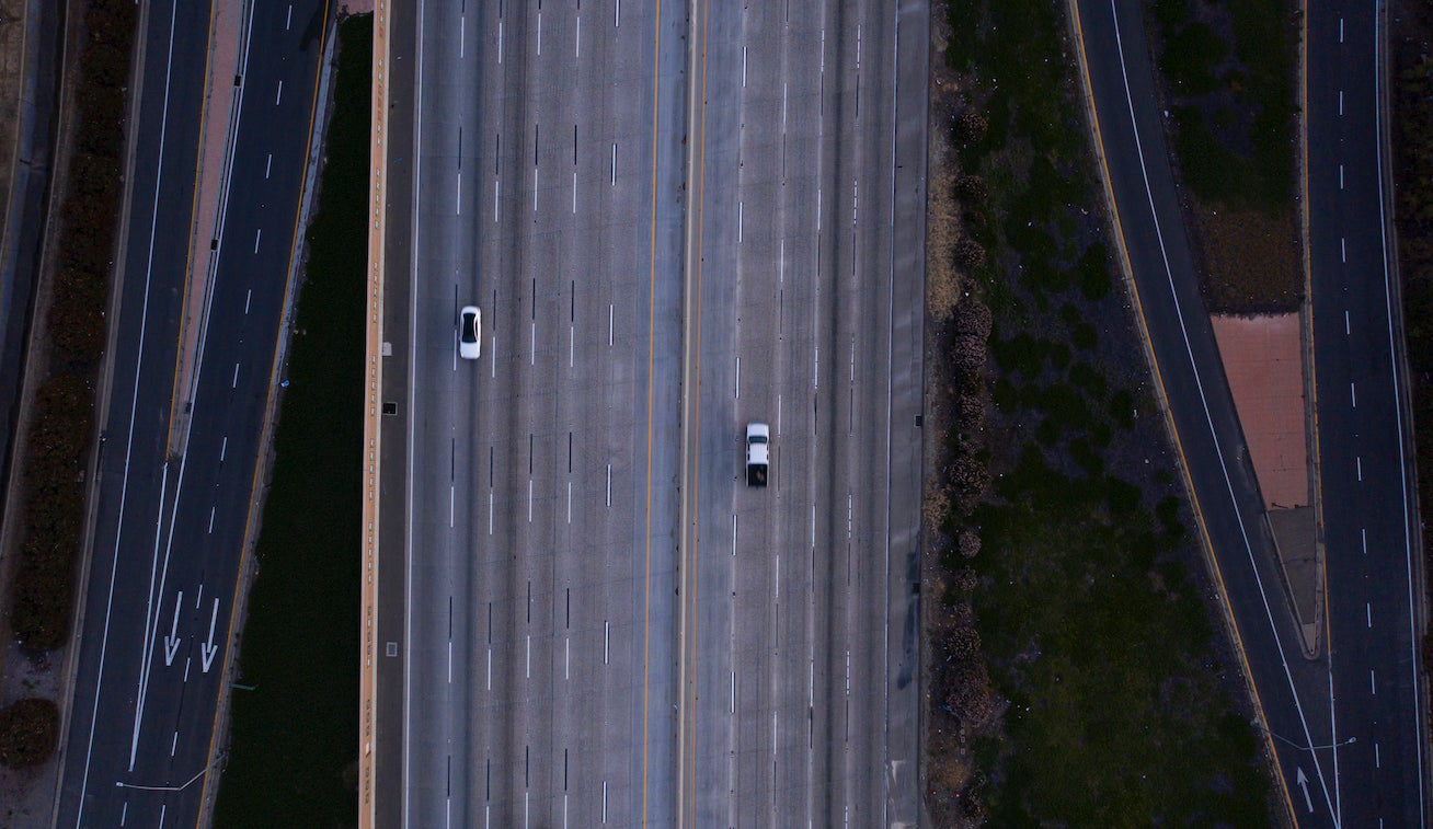 Nearly empty rush-hour traffic in Orange County on March 23, 2020