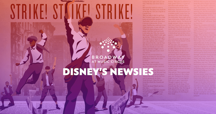 A graphic depicting newsies dancing with raised fists.