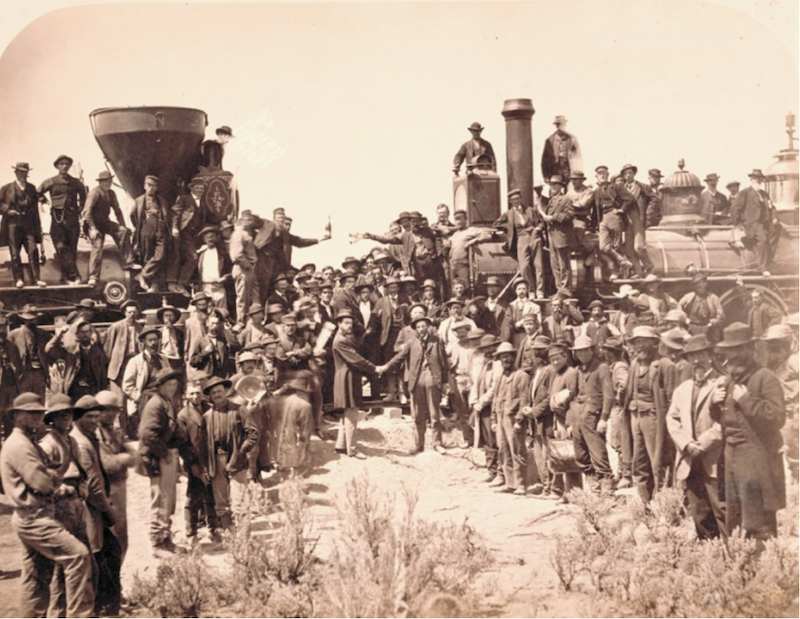 An archival photo of the Golden Spike ceremony.