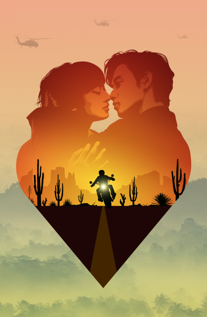 A promotional graphic showing the two main characters leaning in for a kiss.