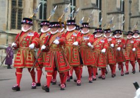 A regiment of guards marching.